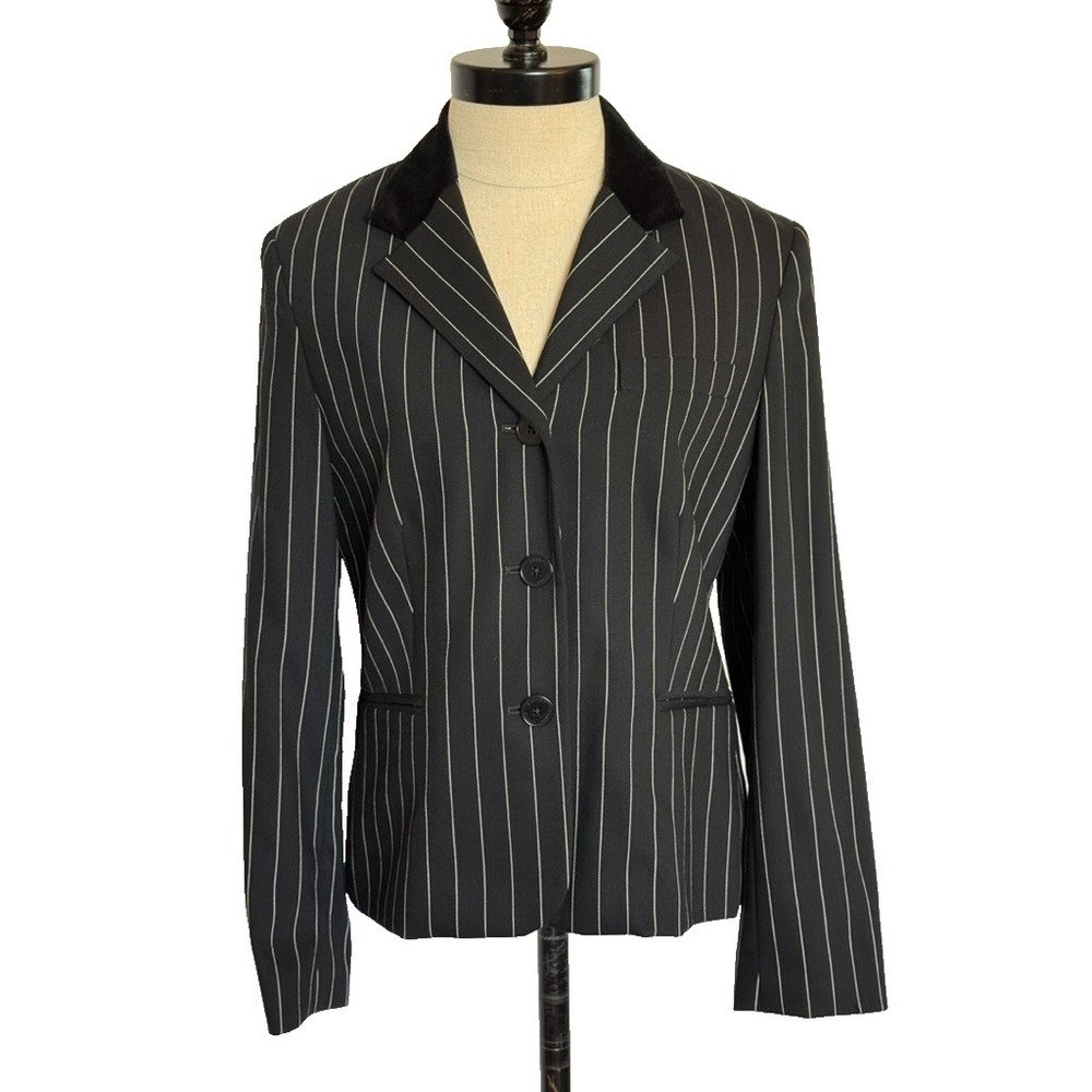 Lauren Ralph Lauren Virgin Wool‎ PinStripe Blazer Black/White Velour Collar 10P